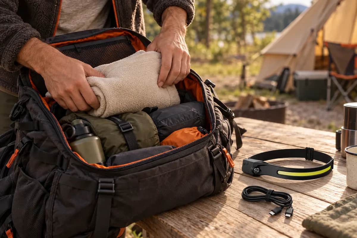 Scène illustrative : préparation d’un sac avec une frontale et son câble USB-C
