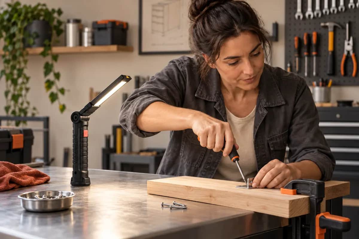 Illustrative scene: a work light illuminating an assembly on a workbench