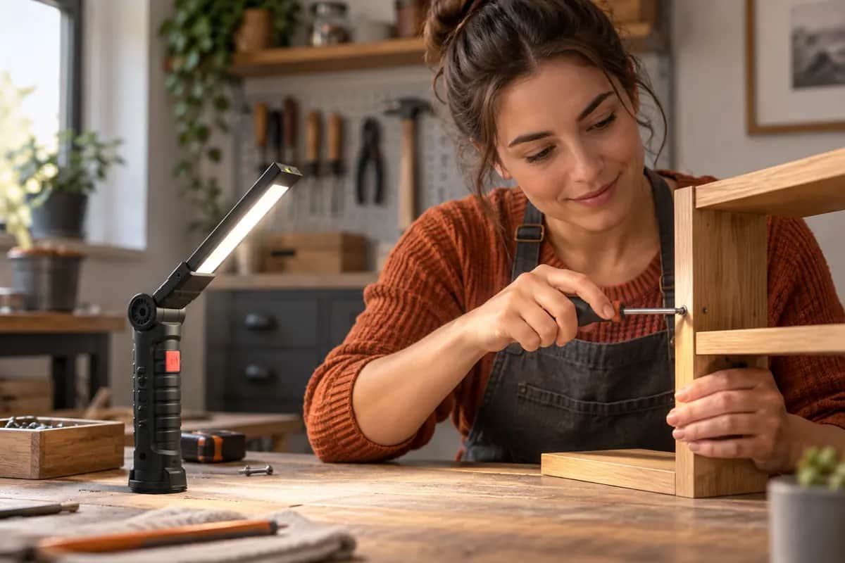 Illustration : une femme répare une étagère avec une lampe de travail sur son établi