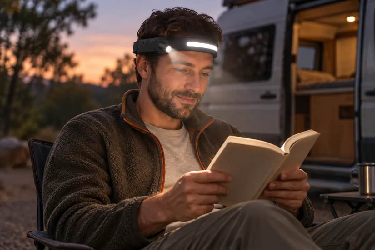 Illustration : un homme lit avec une frontale blanche devant un van au camping