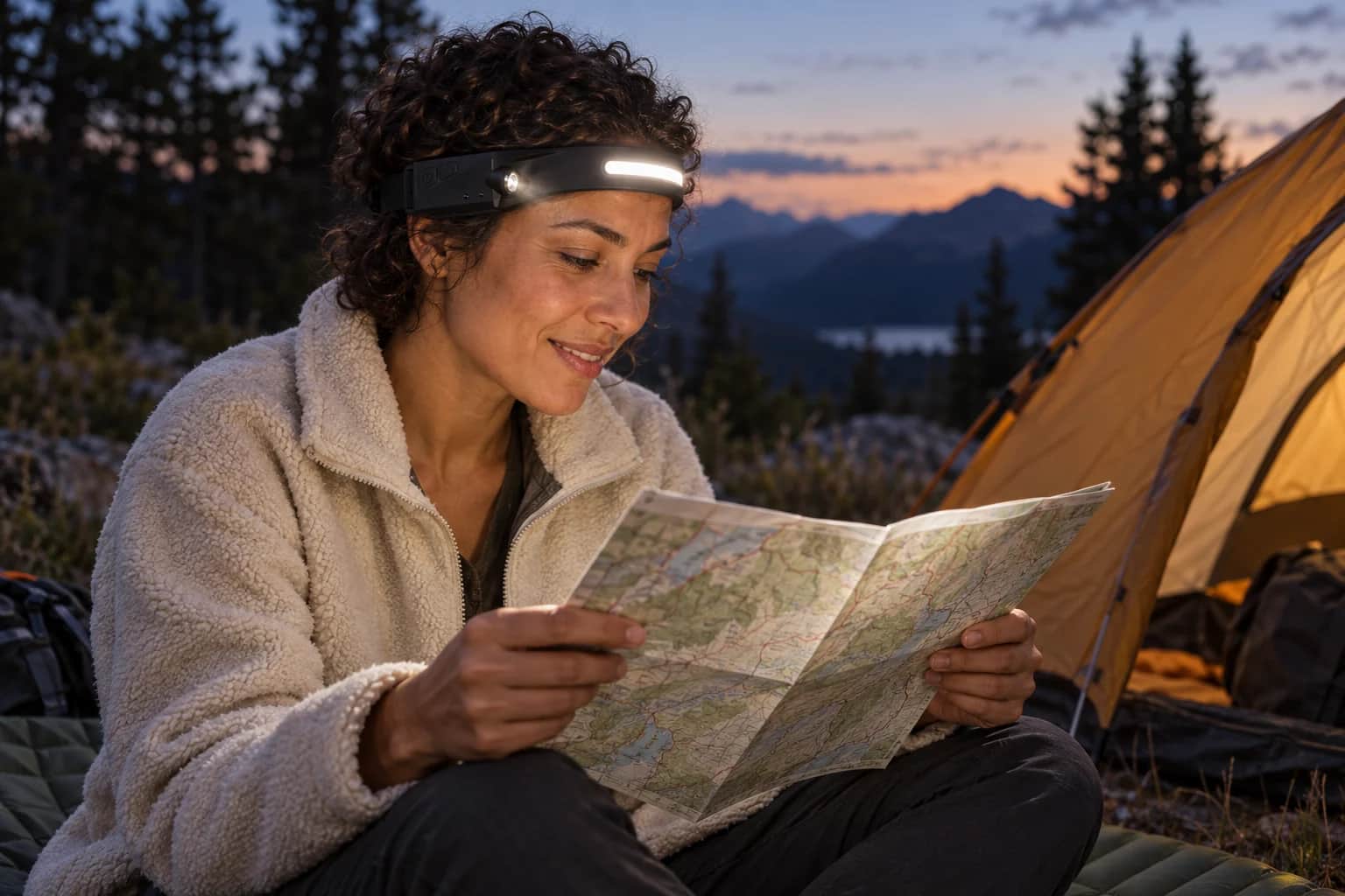 KI-Illustration: eine Camperin liest mit Stirnlampe eine Karte neben dem Zelt