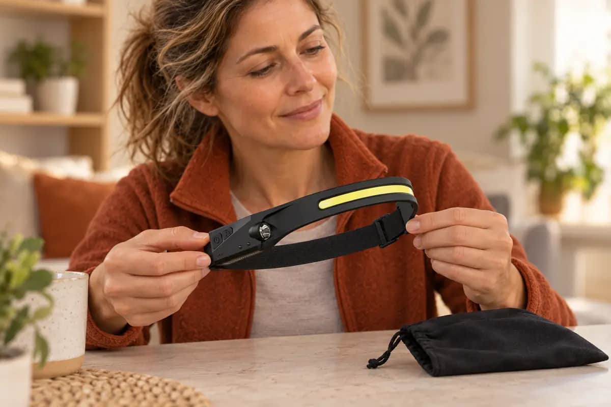 Illustrative scene: adjusting the strap of an unlit headlamp