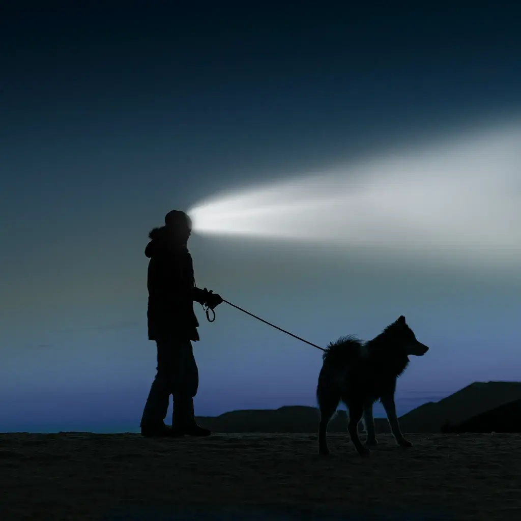 A person with a headlamp, walking a dog, at night