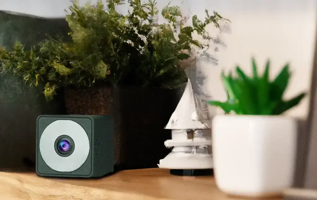 A mini spy camera placed on a shelf