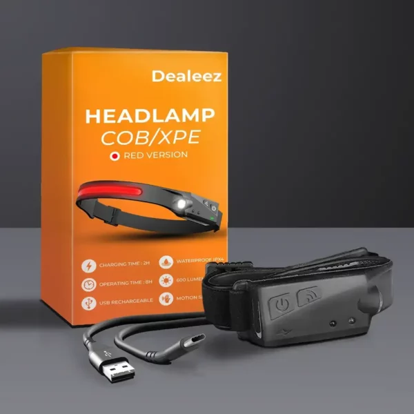Dealeez red headlamp, box and charging cable