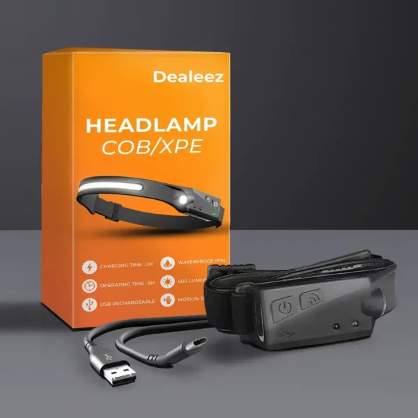 Dealeez headlamp, box and charging cable