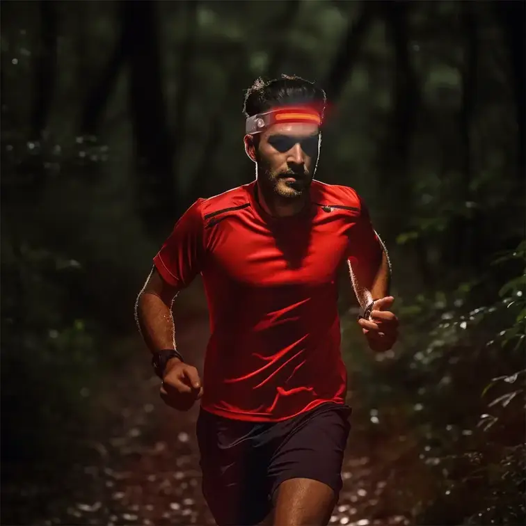 A jogger running with a red headlamp