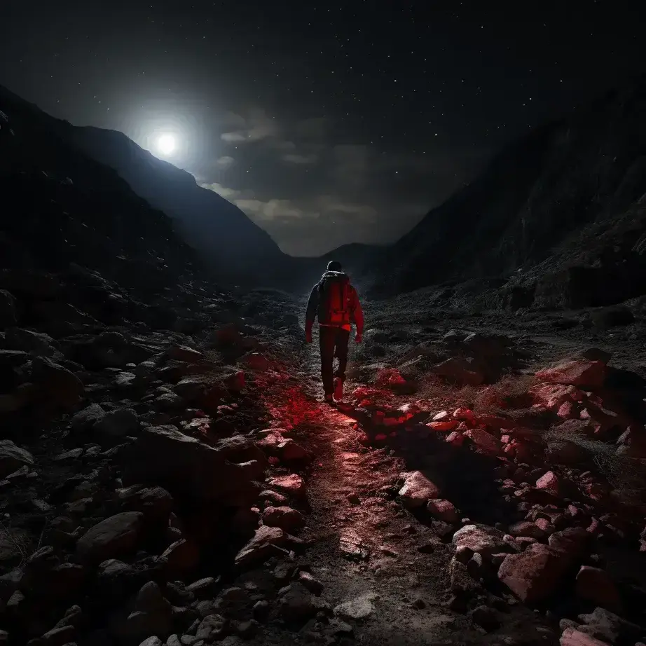 Hiker wearing a headlamp that produces a red light, at night